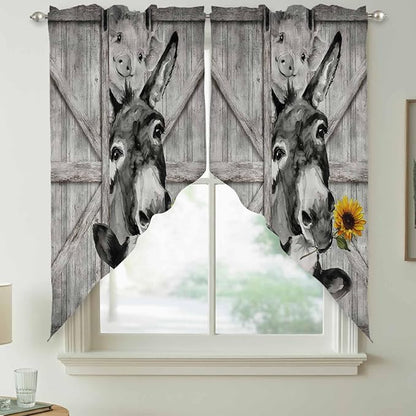 Funny Farm Animals Swag Valances for Windows, Vintage Barn Grey Sunflowers Rod Pocket Kitchen Curtains Valance, Small Window Curtains Swag for Cafe Bathroom Living Room, 2 Panels, 28x36 inch