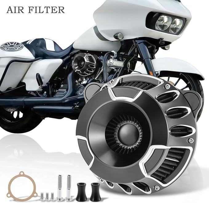 Motorcycle Air Filter Kit CNC Air Cleaner Turbine Intake System Fit for Harley Touring Street Glide Road King Trike 2008-2016, Softail 2016-2017 (C-Black)
