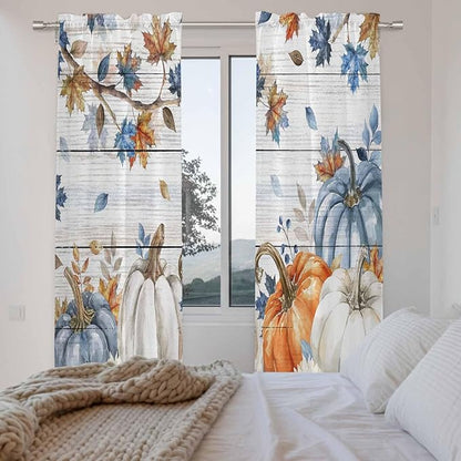 Thanksgiving Pumpkin Window Curtains 72 Inch Long 2 Panel Set,Rod Pocket Long Curtains & Drapes,Fall Maple Leaf Daisy Wooden Grain Light Filtering Window Treatment for Bedroom Living Room 52"W x 72"L
