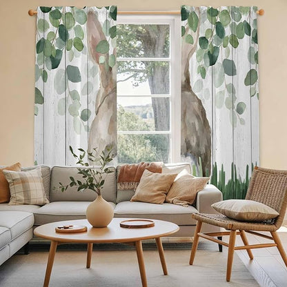 Easter Kitchen Curtains, Country Rabbit Botanical Leaves Wooden Grain Light Filtering Window Curtain Panels, 2Pcs Rod Pocket Window Treatments Set for Living Room Bathroom Bedroom 52x72 Inches