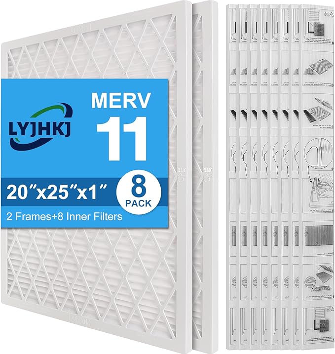 20x25x1 MERV 11 Air Filter, Quality AC/HVAC Furnace Filter，2 Reusable ABS Frame + 8 Pack Replaceable Filter Media，Breathe Fresher and Cost-effective