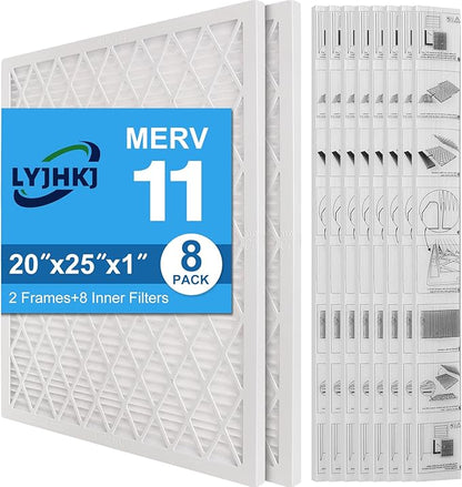 20x25x1 MERV 11 Air Filter, Quality AC/HVAC Furnace Filter，2 Reusable ABS Frame + 8 Pack Replaceable Filter Media，Breathe Fresher and Cost-effective