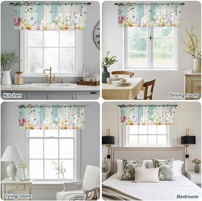 Easter Sheer Valances for Windows 42"x12", Light Filtering Kitchen Curtains Valance, Spring Watercolor Bunny Eggs Tulip Wooden Grain Rod Pocket Chiffon Curtains for Living Room Bedroom Cafe