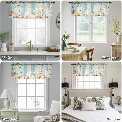 Easter Sheer Valances for Windows 54"x18", Light Filtering Kitchen Curtains Valance, Spring Watercolor Bunny Eggs Tulip Wooden Grain Rod Pocket Chiffon Curtains for Living Room Bedroom Cafe