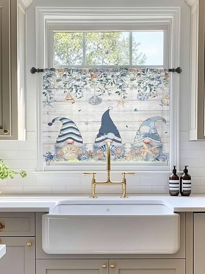 Sheer Curtains 45 Inch Length, Coastal Eucalyptus Leaf Semi Sheer Curtains Light Filtering Window Treatment, Ocean Blue Gnomes Starfish Wood Grain Privacy Voile Drapes for Living Room 52x45 Inch