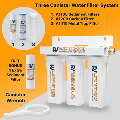 Enhanced RV Water Filter System – Triple Canister Filtration for Iron, Heavy Metals, & Sediment – 0.5 Micron Carbon Block – Ideal for RVs, Motorhomes, and Travel Trailers Remove Red Stains, High Flow