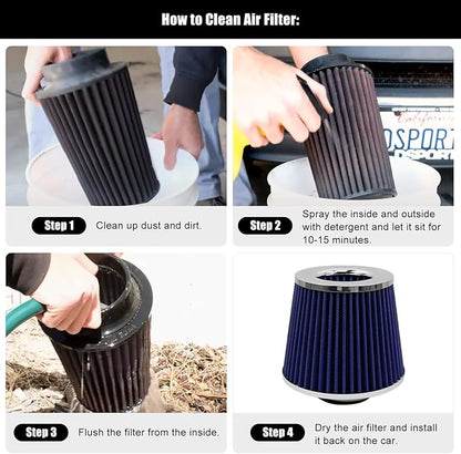 RYANSTAR RACING 63mm 2.5" High Flow Round Tapered Cone Cool Air Filter Cleaner with Top Filter Design Short 153mm tall Blue
