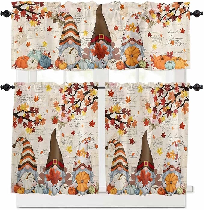 Fall Gnomes Kitchen Curtain Set, Thanksgiving Maple Leaf Rustic Pumpkin Window Valance and Tiers 36" Length, Light Filtering Short Curtains Valance for Cafe Bathroom Bedroom 54"x18"