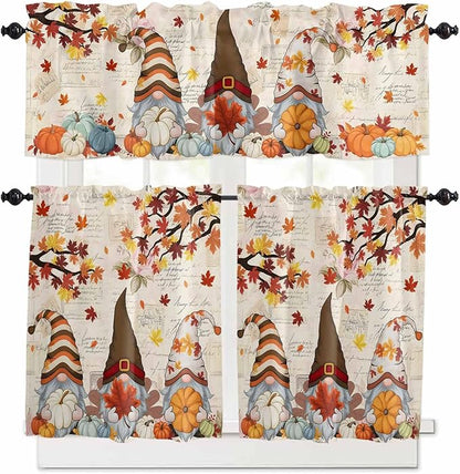 Fall Gnomes Kitchen Curtain Set, Thanksgiving Maple Leaf Rustic Pumpkin Window Valance and Tiers 36" Length, Light Filtering Short Curtains Valance for Cafe Bathroom Bedroom 54"x18"