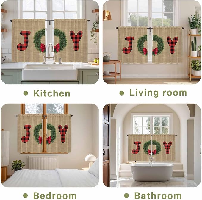 Red Green Christmas Kitchen Tier Curtains 45 Inch Long 2 Panel Set,Rod Pocket Short Window Treatment,Xmas Botanical Winter Farmhouse Curtains & Drapes for Bathroom Basement 27.5"W x 45"L
