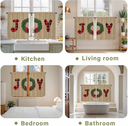 Red Green Christmas Kitchen Tier Curtains 45 Inch Long 2 Panel Set,Rod Pocket Short Window Treatment,Xmas Botanical Winter Farmhouse Curtains & Drapes for Bathroom Basement 27.5"W x 45"L