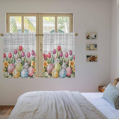 Easter Kitchen Tier Curtains 45 Inch Long 2 Panel Set,Rod Pocket Short Window Treatment,Retro Spring Bunny Eggs Tulip Farm Wooden Grain Light Filtering Curtains & Drapes for Bathroom 27.5"W x 45"L