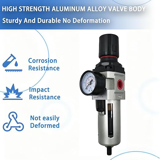 HengMinLingTong 1/2" NPT Compressed Air Filter Regulator Combo Piggyback, 5 Micron Brass Element, Poly Bowl, Auto Drain, Metal Bracket, 0-150 psi Gauge AW4000-04D