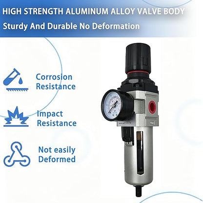 HengMinLingTong 1/2" NPT Compressed Air Filter Regulator Combo Piggyback, 5 Micron Brass Element, Poly Bowl, Auto Drain, Metal Bracket, 0-150 psi Gauge AW4000-04D