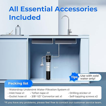 Waterdrop UA-5Y 𝟓 𝐘𝐞𝐚𝐫𝐬 Under Sink Water Filter System, Ultra Long Life, Reduces Lead, Chlorine, Bad Taste & Odor, Water Filter for Sink Faucet Direct Connect to Kitchen Faucet, USA Tech