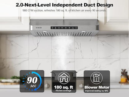 30 Inch Under Cabinet Range Hood, 980CFM Fast Venting Ducted, Kitchen Hood With 3 Speed Gesture Sensing & Touch Control, Stainless Steel Stove Hood With LED Light And 2 Baffle Filters
