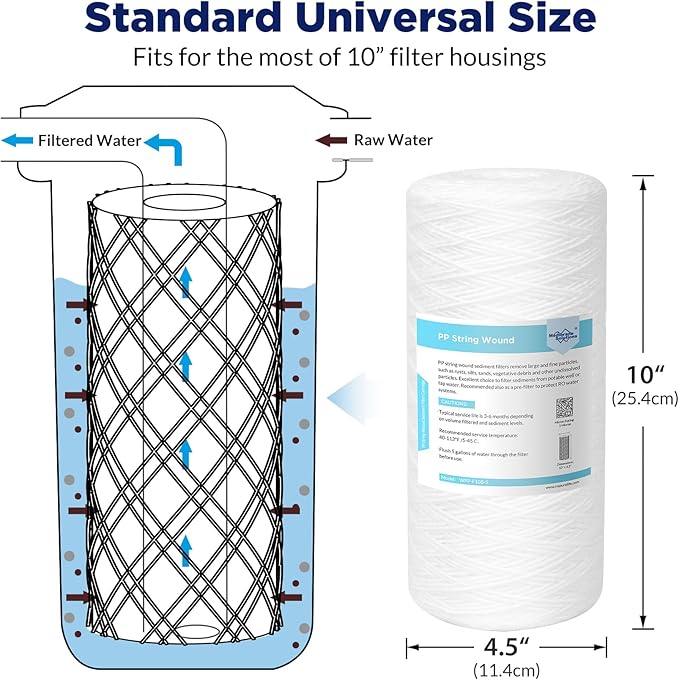 Membrane Solutions 1 Micron 10"x4.5" String Wound Whole House Water Filter Replacement Cartridge Universal Sediment Filters for Well Water - 4 Pack