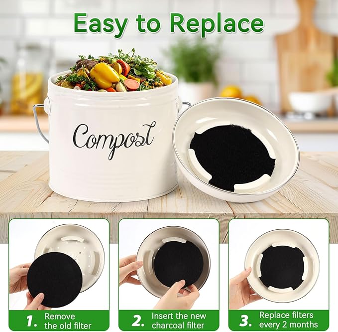 10 Pack Charcoal Filters for Compost Bucket, Compost Filters for Countertop Bin, Odor-Absorbing Activated Charcoal Replacement for Kitchen, Home Bucket Compost Bin Refill, 6.7 Inch