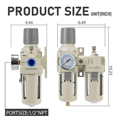 Industrial Air Compressor Filter Regulator Lubricator (FRL) Unit - 1/2 NPT Oil Water Separator with Pressure Gauge & Semi-Auto Drain for Pneumatic Systems