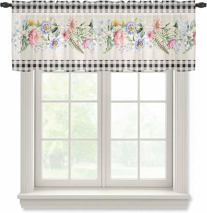 Blue Pink Floral Sheer Valance Curtains, Spring Summer Botanical Linen Black Plaid Light Filtering Kitchen Valances Rod Pocket Voile Curtain Window Treatment for Bedroom/Living Room/Basement 42Wx18L