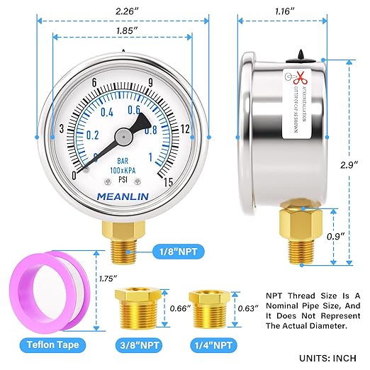 MEANLIN MEASURE 0~15Psi Dry Low Pressure Gauge Stainless Steel 1/" NPT 2" FACE DIAL Waterproof for Water Oil Air Well Pump Tank Tire Pressure Test Lower Mount, with 1/4" NPT and 3/8" NPT Hex Bushing