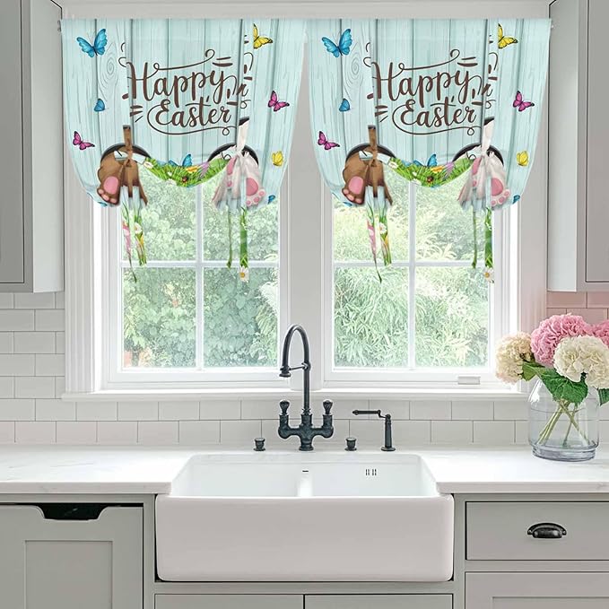 Tie Up Curtains,Happy Easter Bunny Butt Egg Floral Adjustable Rod Pocket Window Shade Curtain Drape Spring Plant on Aqua Wood Tie-Up Valance for Kitchen Bedroom Living Room Windows,42"x54"