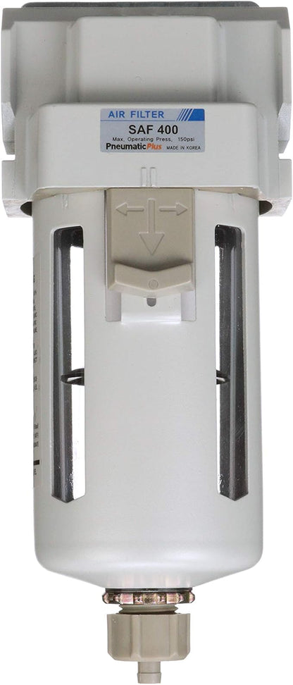 PneumaticPlus SAF400-N04B Compressed Air Particulate Filter 1/2" NPT, 10 Micron Element, Poly Bowl, Manual Drain, Bracket