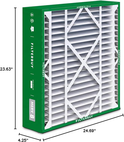 Filterbuy 24x25x5 Air Filter MERV 8 Essential Dust & Allergy Defense (4-Pack), Electrostatic Pleated HVAC AC Furnace Filters for Carrier FILXXCAR0024, Maytag & More (Actual Size: 23.63 x 24.69 x 4.25)