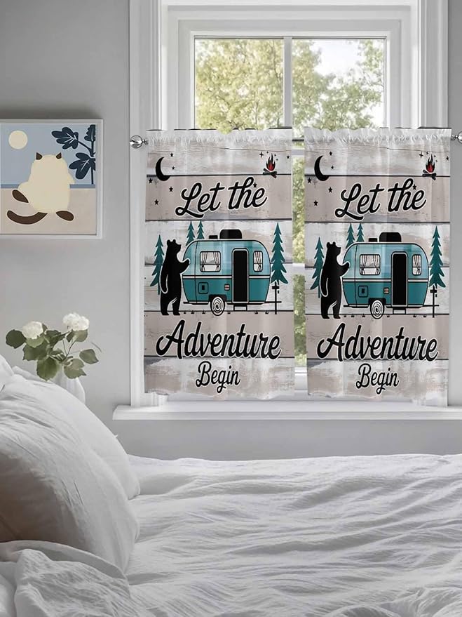 Farmhouse Bear Camper Van Tree Window Valance Curtains, Vintage Wood Grain Light Filtering Kitchen Valance with 3-inch Rod Pocket for Living Room Bathroom Bedroom,2 Panel,42x45In