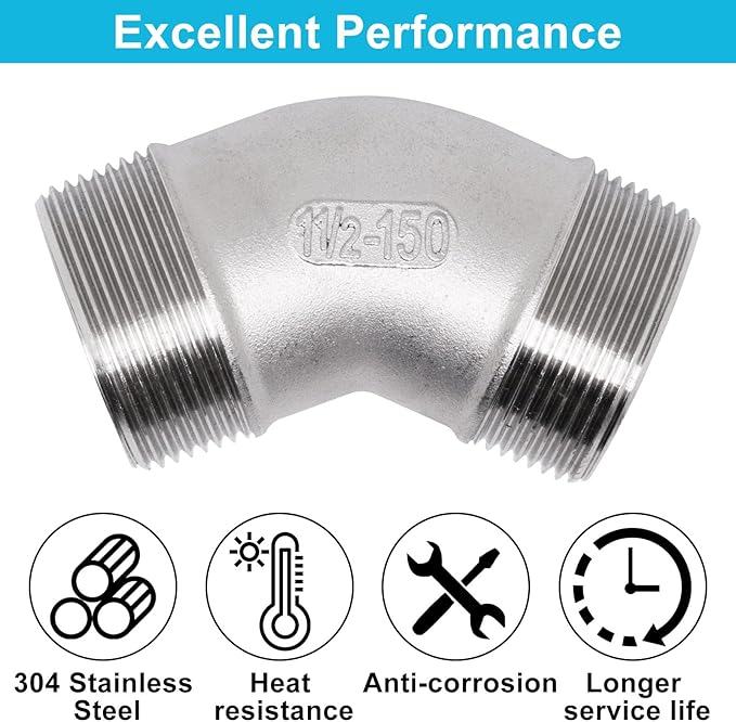 45 Degree Elbow 1PCS, 1-1/2" NPT Male X 1-1/2" NPT Male 304 Stainless Steel Pipe Fitting, Connector Coupler Apply to Outdoor Garden Industrial
