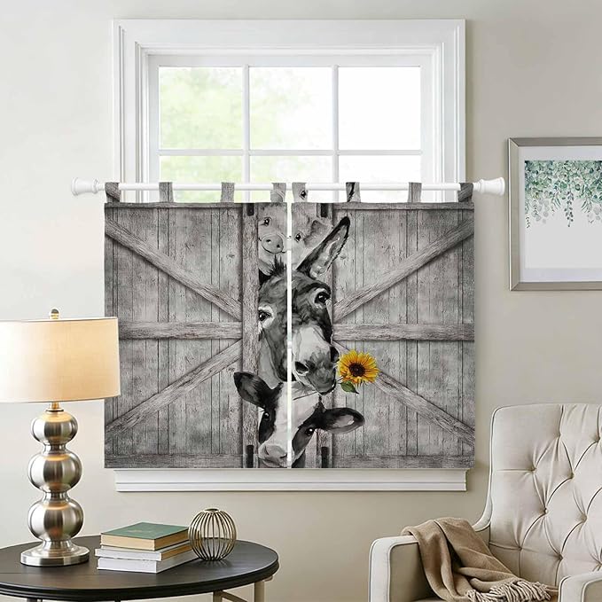Funny Farm Animals Bedroom Curtains 63 Inch Length, Window Curtains Tab Top, Vintage Barn Grey Sunflowers Light Filtering Window Treatments Drapes 42"x63" 2 Panel