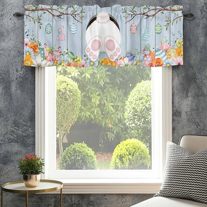 Easter Curtain Valances for Windows, Kitchen Valance Window Treatment, Spring Watercolor Bunny Eggs Flower Wood Grain Blue Light Filtering Block Curtains for Bathroom/Bedroom/Living Room 42'' x 12''