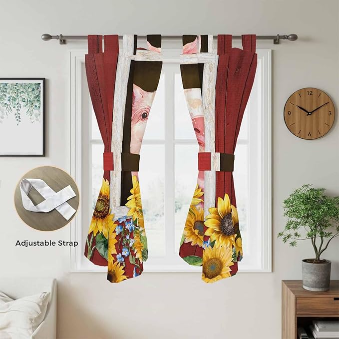 Pigs Sunflowers Living Room Curtains 84 Inch Length, Window Curtains Tab Top, Farmhouse Red Barn Flowers Animals Light Filtering Window Treatments Drapes 42"x84" 2 Panel