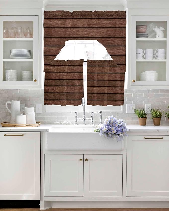 Brown Wooden Board Swag Kitchen Curtains Valance and Tier Set, Vintage Wood Grain Farmhouse Barn Themes Light-Filtering Swag Valance 36 Inch Length, Rod Pocket Short Curtain for Bedroom Cafe