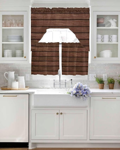 Brown Wooden Board Swag Kitchen Curtains Valance and Tier Set, Vintage Wood Grain Farmhouse Barn Themes Light-Filtering Swag Valance 24 Inch Length, Rod Pocket Short Curtain for Bedroom Cafe