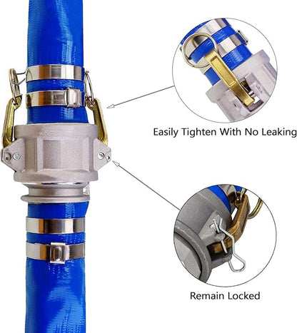DAVCO 1.5" ID × 50 ft Pool Backwash Hose, Heavy Duty Reinforced Blue PVC Lay Flat Water Discharge Pump Hoses For Swimming Drain Pools and Clean Filters, with Aluminum Camlock C and E Fittings
