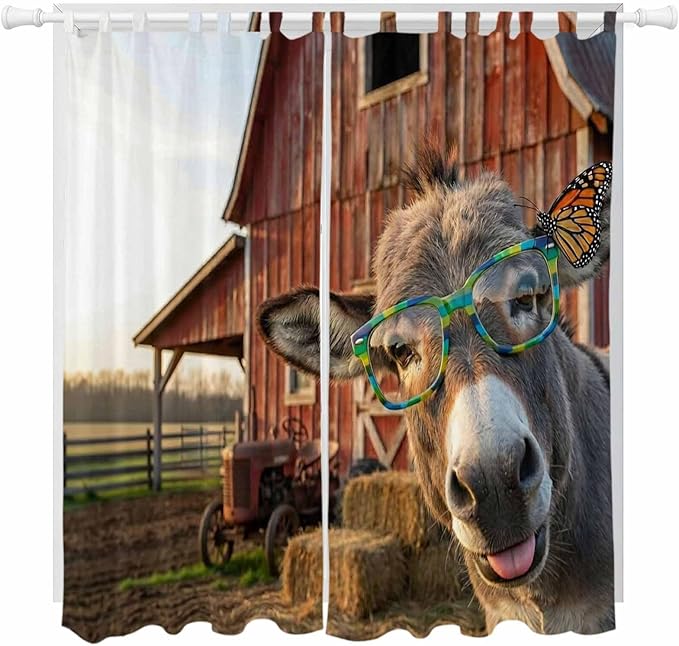 Farm Donkeys Living Room Curtains 84 Inch Length, Window Curtains Tab Top, Farmhouse Barn Funny Animals Butterfly Light Filtering Window Treatments Drapes 52"x84" 2 Panel