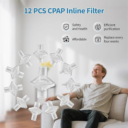 CPAP Filters - 12 PCS Universal CPAP Inline Filter for CPAP and BiPAP Machines Compatible with ResMed AirSense 10/11, CPAP Bacteria Filter for All 22mm & 25mm Tubing, CPAP Supplies