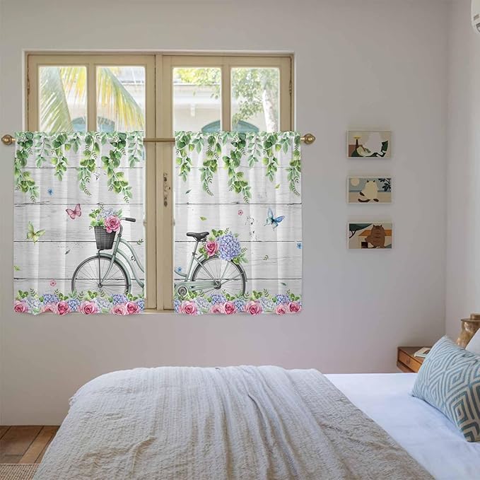 Spring Tier Curtains, Bicycles Botanical Rose Leaves Butterfly Wood Grain Light Filtering Kitchen Curtains, 2Pcs Rod Pocket Half Window Treatments Panels for Sink Cafe Cabinet Basement 27.5x45 Inches