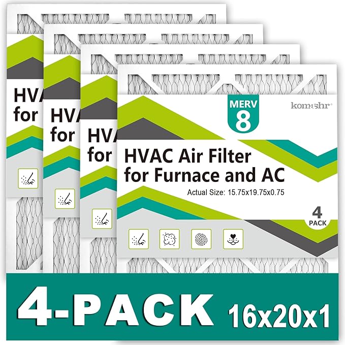 16x20x1 Air Filter MERV 8 (4-Pack), HVAC/Furnace AC Filter Replacement, Dust Defense–Comparable with MPR 600 & FPR 5 (Actual 15.75x19.75x0.75)