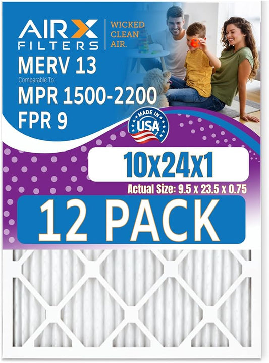 10x24x1 Air Filter MERV 13 Rating, 12 Pack of Furnace Filters Comparable to MPR 1500-2200 & FPR 9 - Made in USA by AIRX FILTERS WICKED CLEAN AIR.