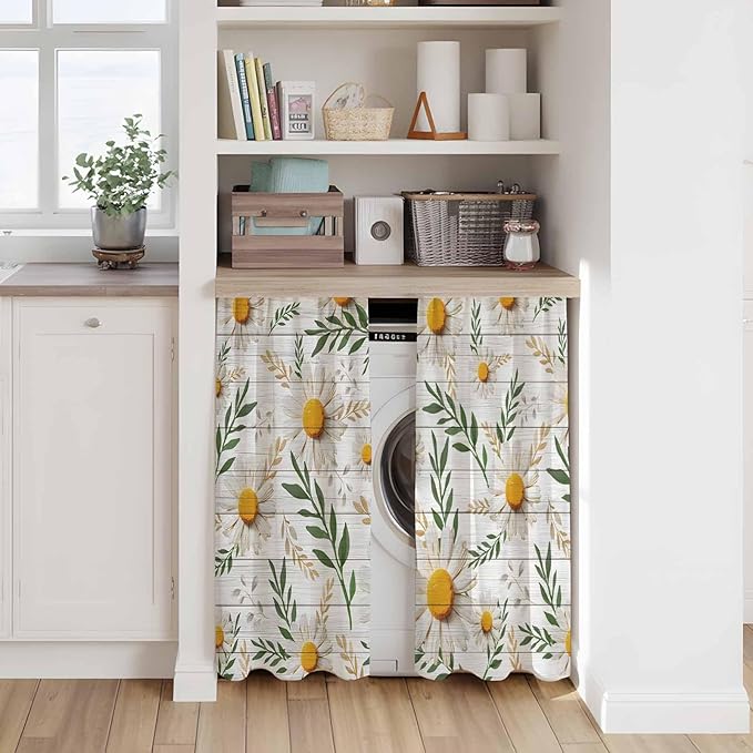 Spring Daisy Kitchen Curtains, Farmhouse Country Flower Leaf Plant Wood Grain Light Filtering Window Curtain Panels, 2Pcs Rod Pocket Window Treatments Set for RV Dining Room Study Room 42x45 Inches