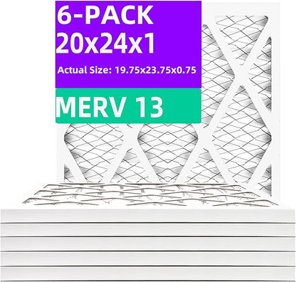 20x24x1 MERV 13 (6-Pack) Pleated Air Filter (Actual Size: 19.75x23.75x0.75") MPR 1900 & FPR 10, Furnace Air Filters