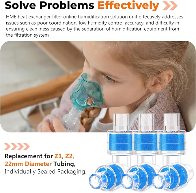6 Pack HME Heat Moisture Exchanger/Exchange Filter in-Line Humidification Solution Unit Replacement for Z1, Z2, 22mm Diameter Tubing, Individually Sealed Packaging by Blutoget