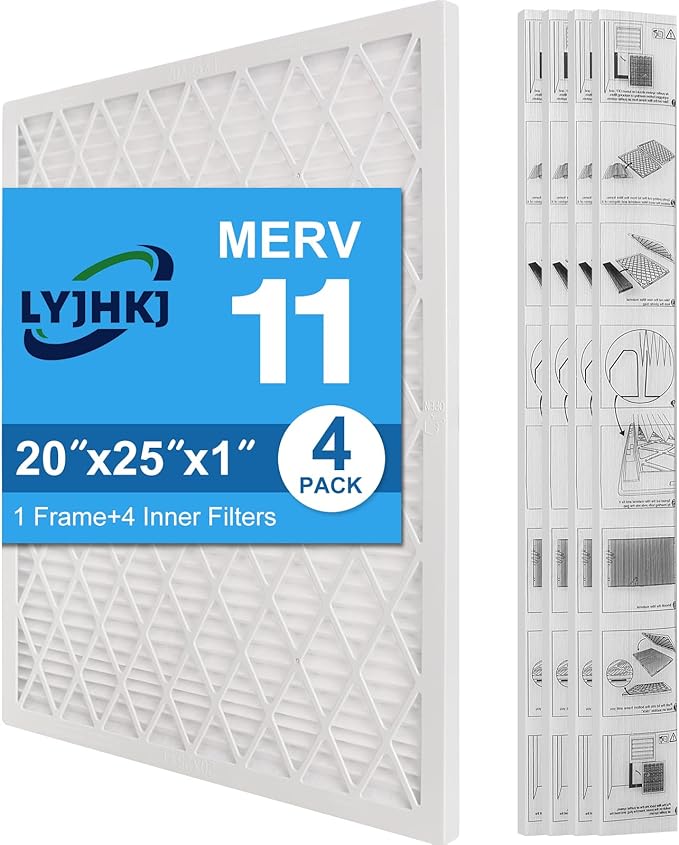 20x25x1 MERV 11 Air Filter, Quality AC/HVAC Furnace Filter，1 Reusable ABS Frame + 4 Pack Replaceable Filter Media，Breathe Fresher and Cost-effective
