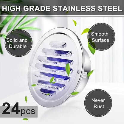Zonon 24 Pcs Stainless Steel Soffit Vents 4 Inch Round Dryer Vent Cover with Mesh Screen for Home Outdoor Bathroom Wall Ceiling Outside Exterior Exhaust (Silver)