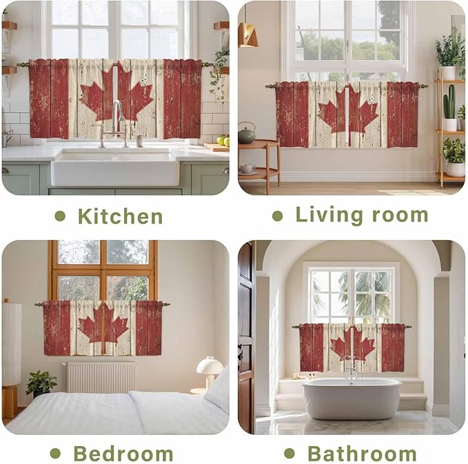 Canada Tier Curtains, Red Maple Leaf Flag Vintage Farmhouse Wooden Grain Light Filtering Kitchen Curtains, 2Pcs Rod Pocket Half Window Treatments Panels for Sink Cafe Cabinet Camper 27.5x24 Inches