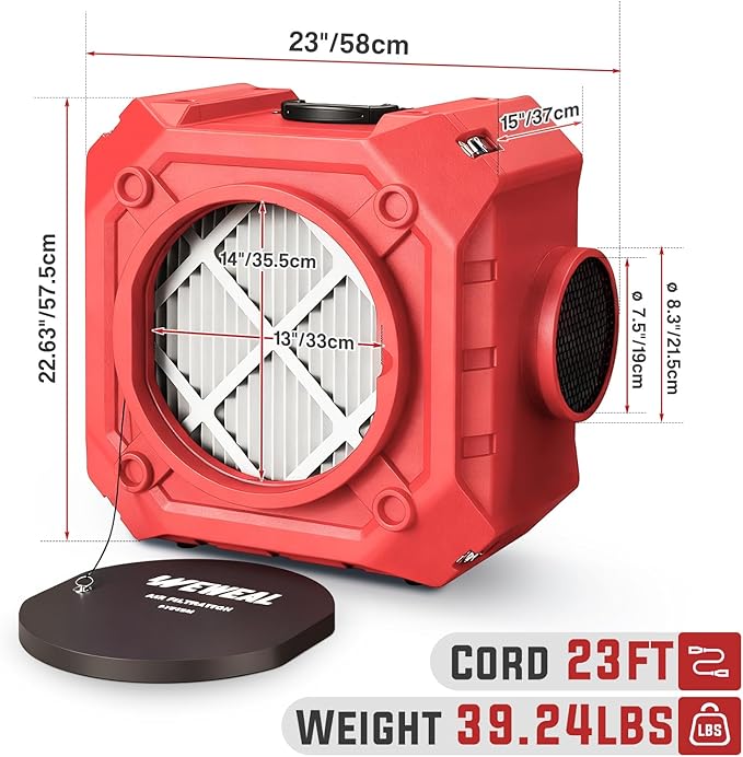 Commercial Air Scrubber, Negative Air Machine with 550 CFM, Stackable Heavy Duty Air Cleaner with MERV-10/ HEPA/Activated Carbon Filter for Home, Cnstruction Sites, Red