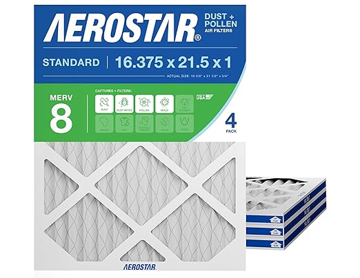 Aerostar 16.375x21.5x1 MERV 8 Air Filter, 4 Count, ACTUAL SIZE (16.50 x 21.50 x 0.75), HVAC, Air Conditioning & Furnace Filter Captures Dust, Lint & Pollen (MPR 600 / FPR 5), Made in USA