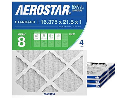 Aerostar 16.375x21.5x1 MERV 8 Air Filter, 4 Count, ACTUAL SIZE (16.50 x 21.50 x 0.75), HVAC, Air Conditioning & Furnace Filter Captures Dust, Lint & Pollen (MPR 600 / FPR 5), Made in USA